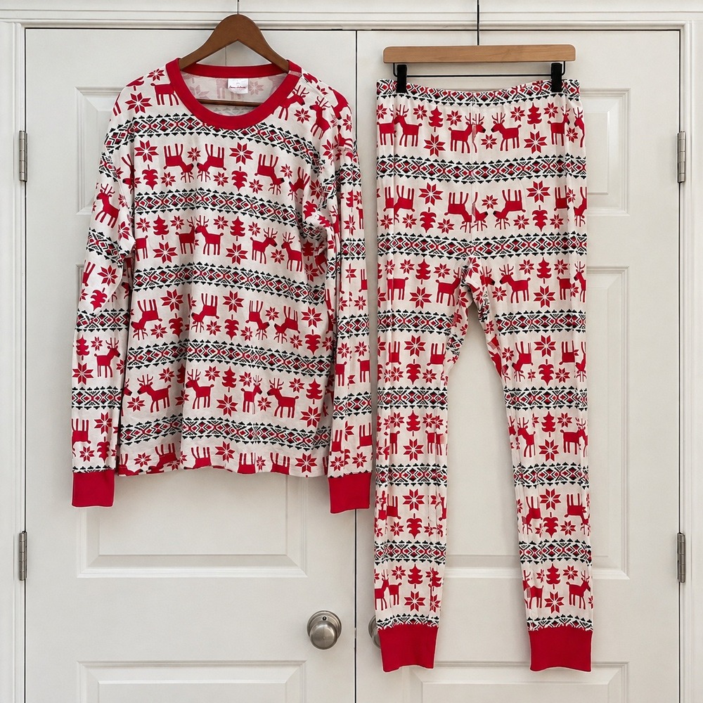 Hanna Andersson Pajama Set Adult XXL Red White Fair Isle Reindeer Organic Cotton